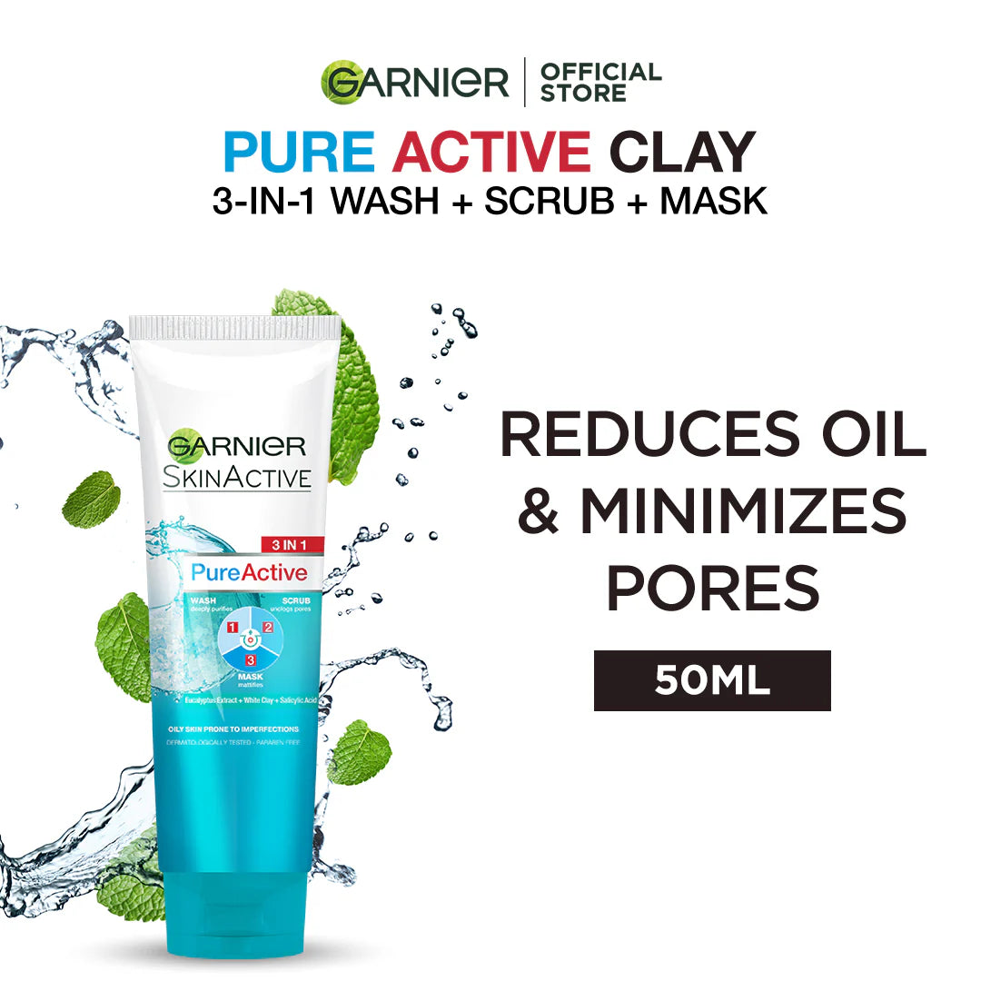 Garnier - Pure Active 3 in 1 Clay Face Wash - 50ml