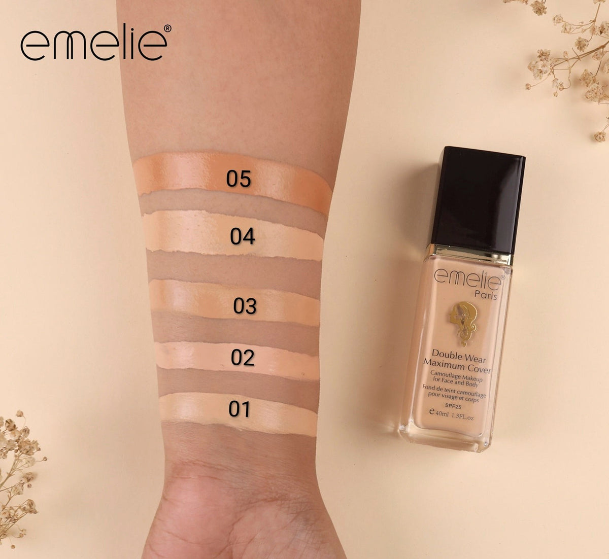 Emelie Double Wear Maximum Cover Foundation SPF 25 40ml (5 Shades)