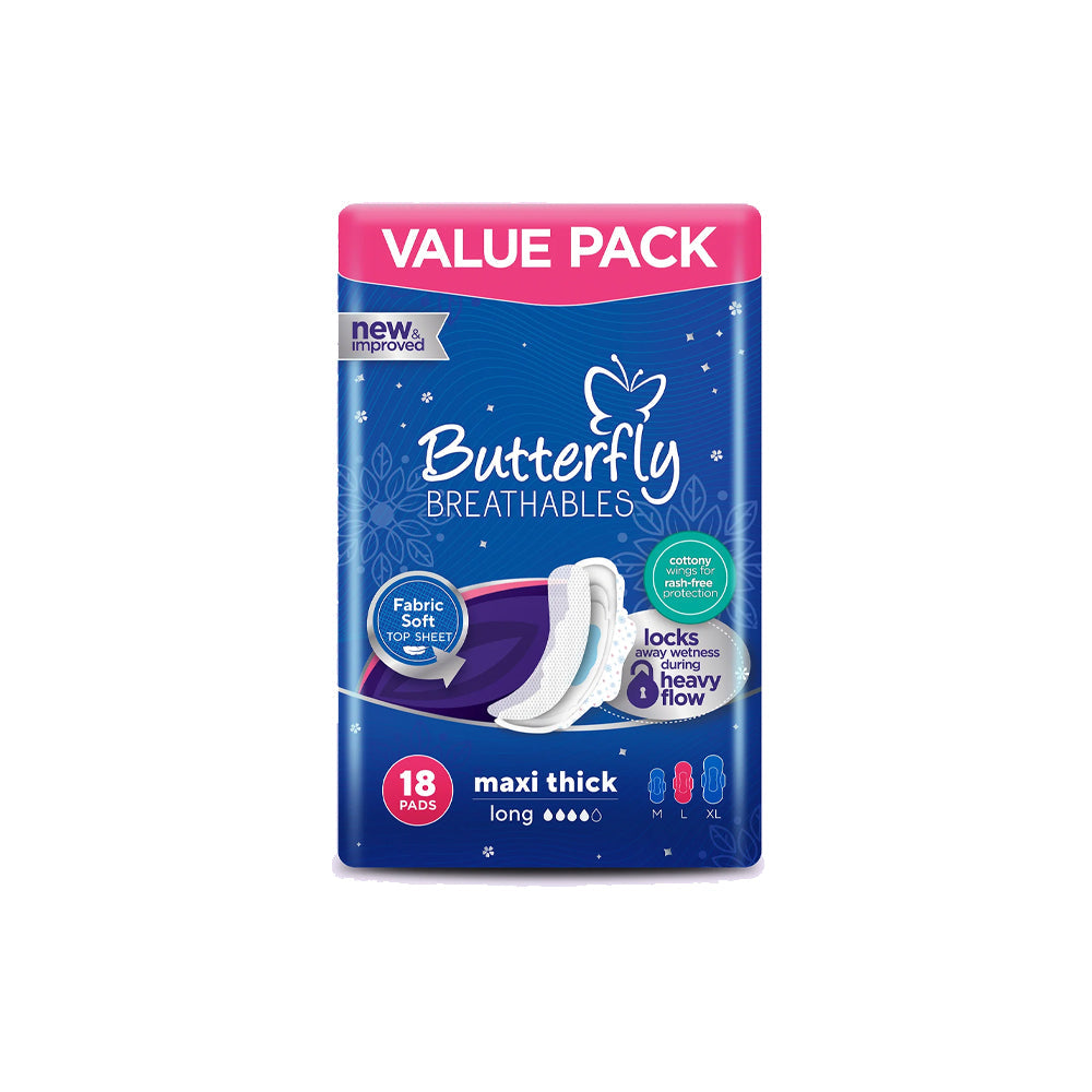 Butterfly Breathables Maxi Thick Fabric Soft Sanitary Pads Long Pack 18 Pcs
