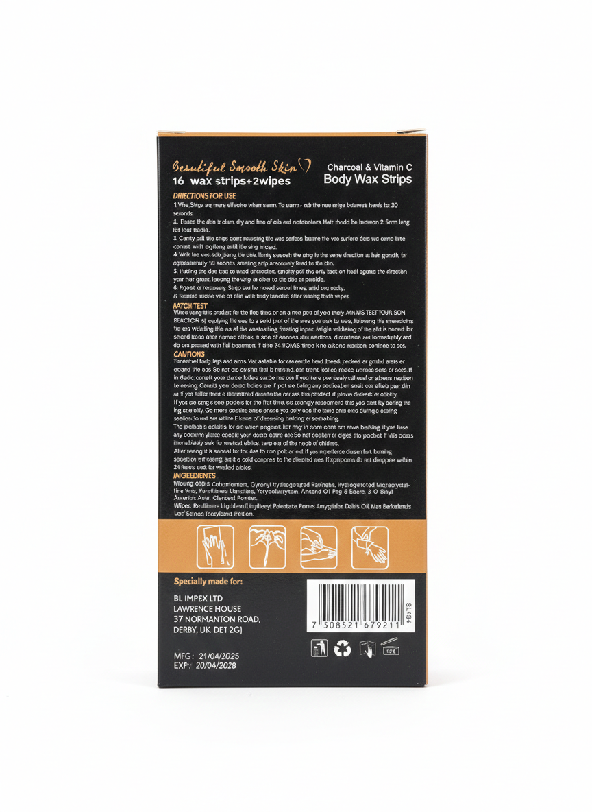 BODY LUXURIES BODY WAX STRIPS CHARCOAL & VITAMIN C 16 Strips + 2 Wipes