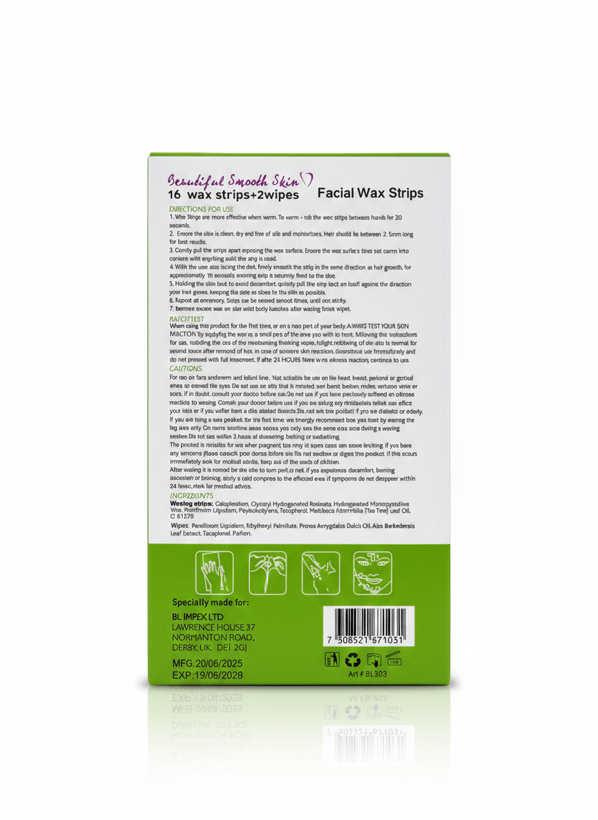 BODY LUXURIES FACIAL WAX STRIPS TEA TREE OIL 16 Strips + 2 Wipes