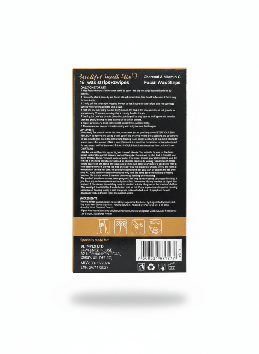 BODY LUXURIES FACIAL WAX STRIPS CHARCOAL & VITAMIN C 16 Strips + 2 Wipes