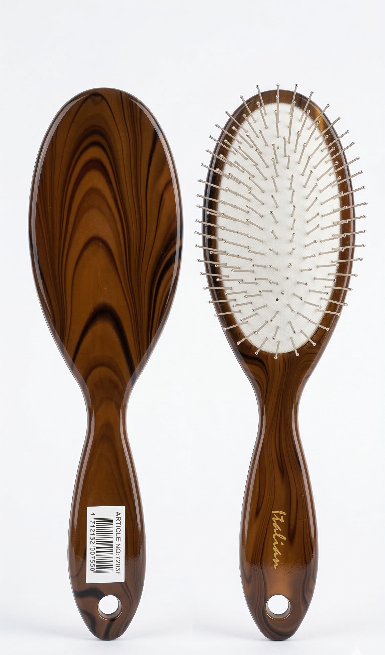 Italian Premium Oval Cushion Hairbrush - Glossy Wood Grain Finish