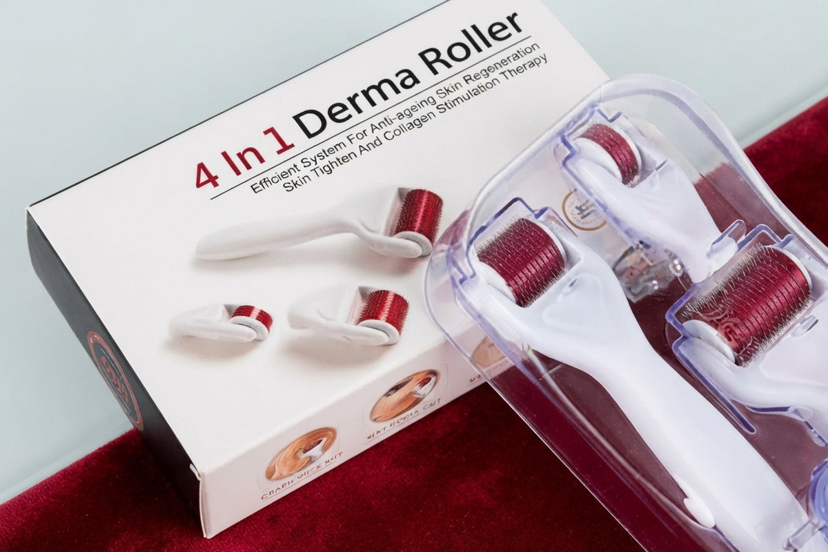 4-in-1 Micro-Needling Derma Roller Kit – Interchangeable Titanium Roller Heads for Face & Body