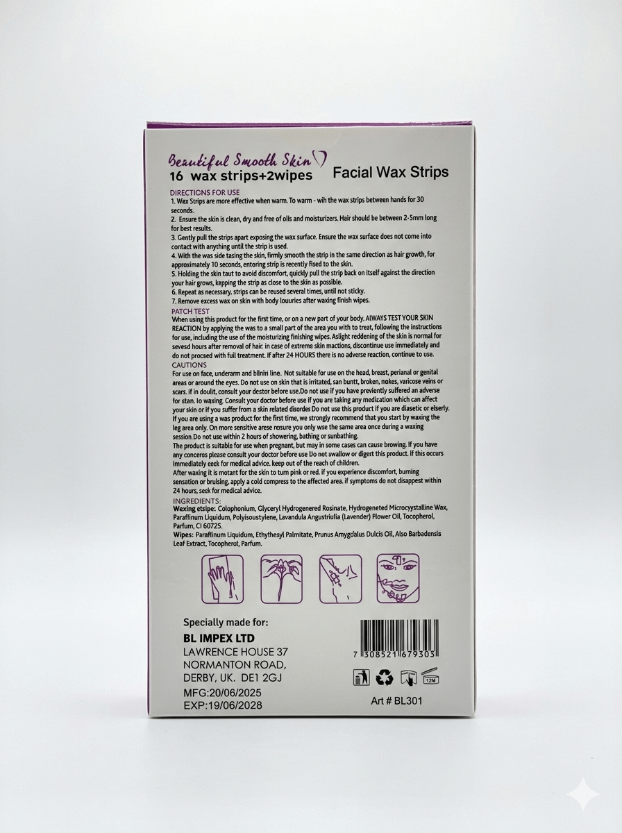 BODY LUXURIES FACIAL WAX STRIPS CLASSIC 16 Strips + 2 Wipes