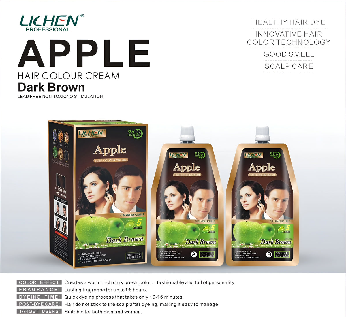 Lichen Professional Apple Hair Colour Cream – Dark Brown (500ml x 2)