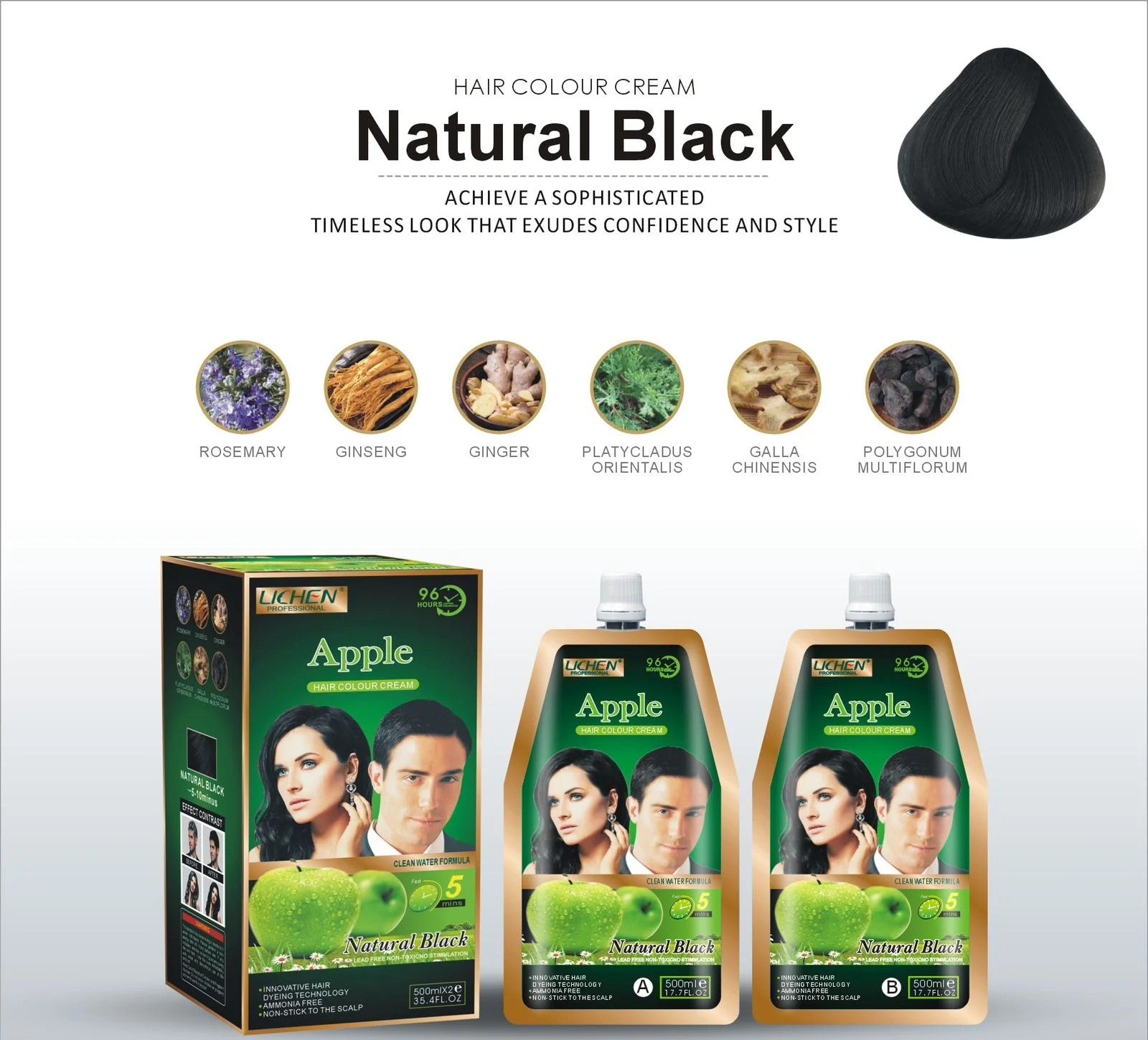 Lichen Professional Apple Hair Colour Cream  Natural Black (500ml x 2)