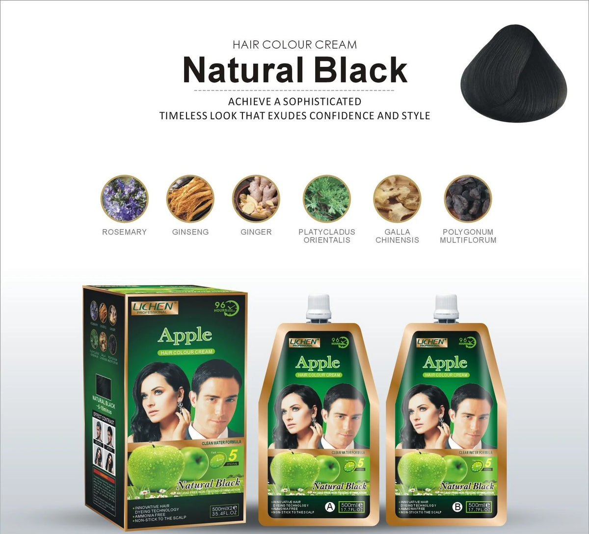 Lichen Professional Apple Hair Colour Cream  Natural Black (500ml x 2)